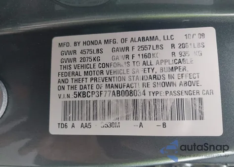 2010 Honda Accord 3.5 Ex from USA, damaged, VIN 5KBCP3F77AB008034